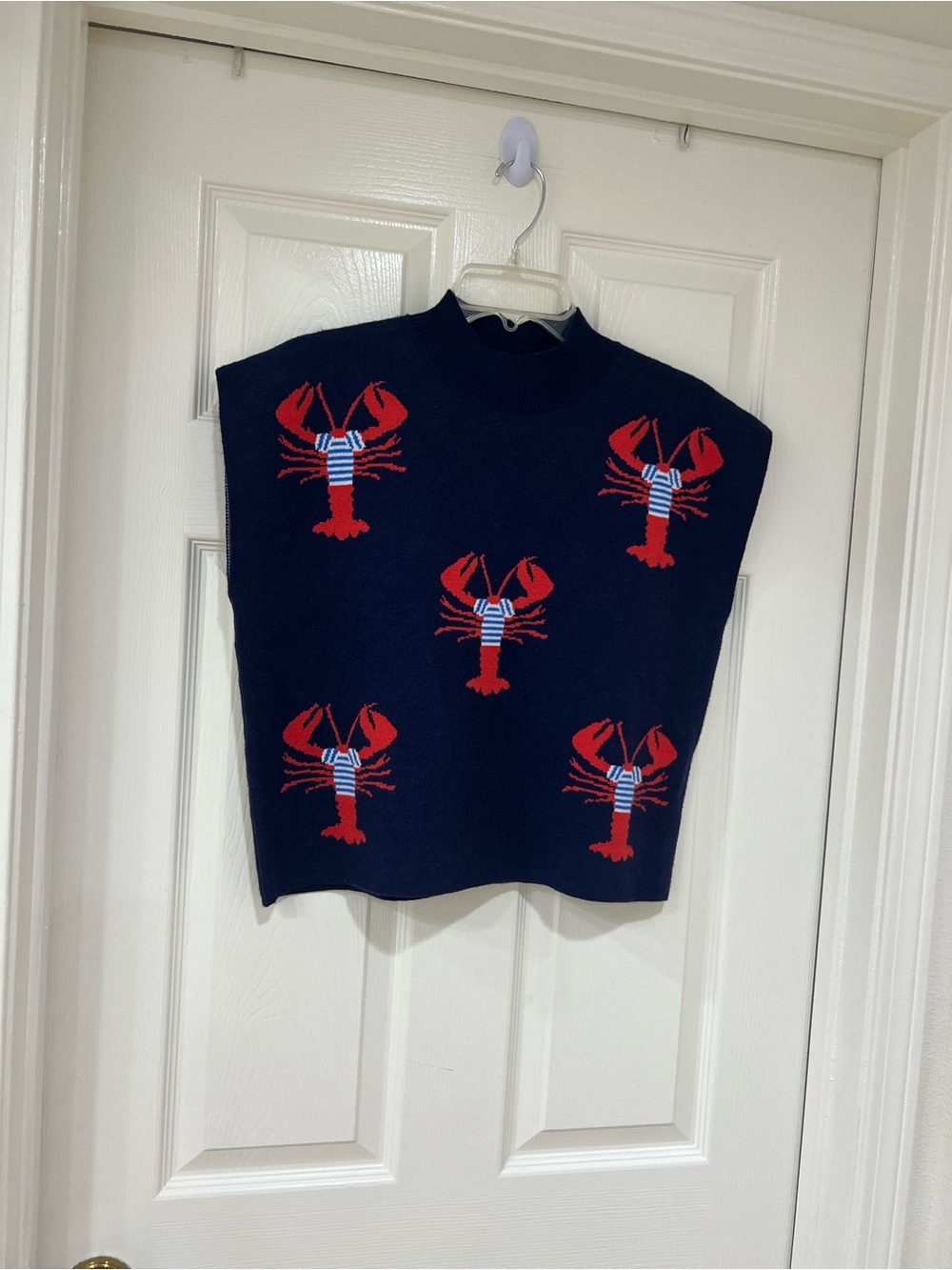 New Navy with Red Lobster Pattern Short Sleeve Sweater Top - Picture 4 of 7